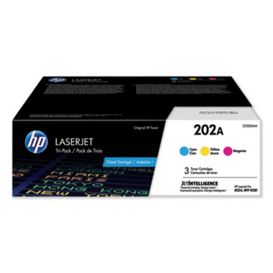 Picture of HP 202A, (CF500A-M) 3-Pack Cyan/Magenta/Yellow Original LaserJet Toner Cartridges