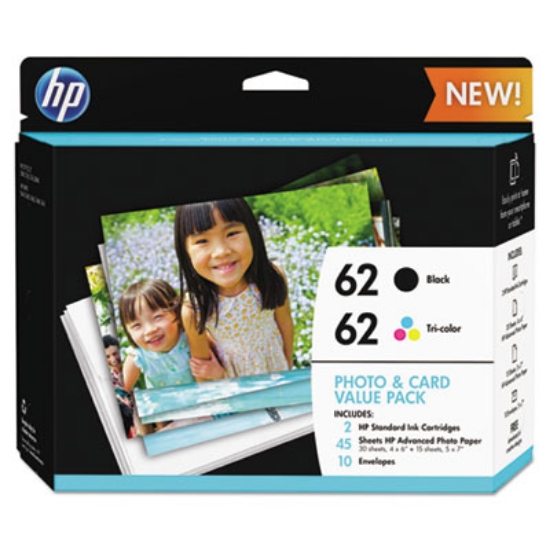 Picture of HP 62, (K3W67AN) 2-Pack Black/Tri-Color Original Ink/Paper Combo